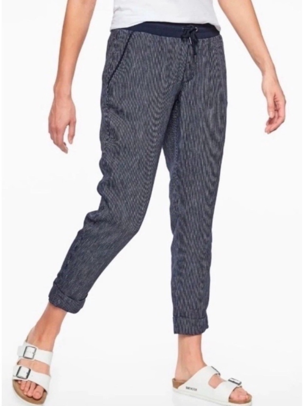 Athleta 100% Linen Striped Bali Ankle Pants Blue Drawstring Beachy Lightweight